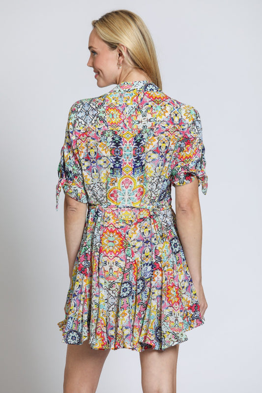 Short Button Front Belted Dress With Flippy Skirt