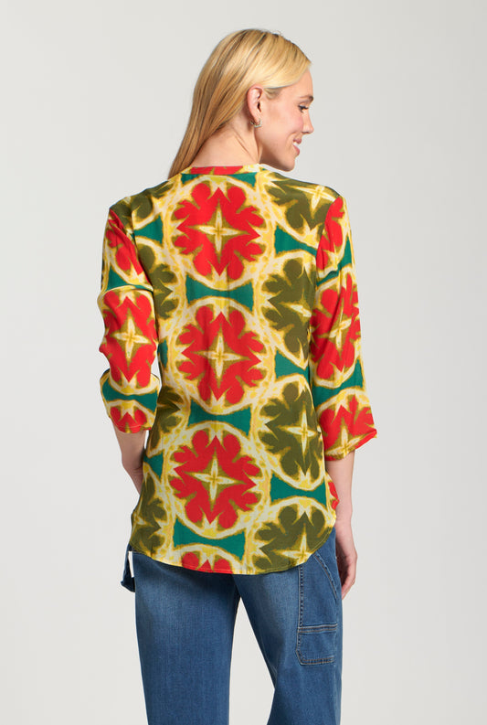 3/4 Sleeve Mandarin Collar Button-up