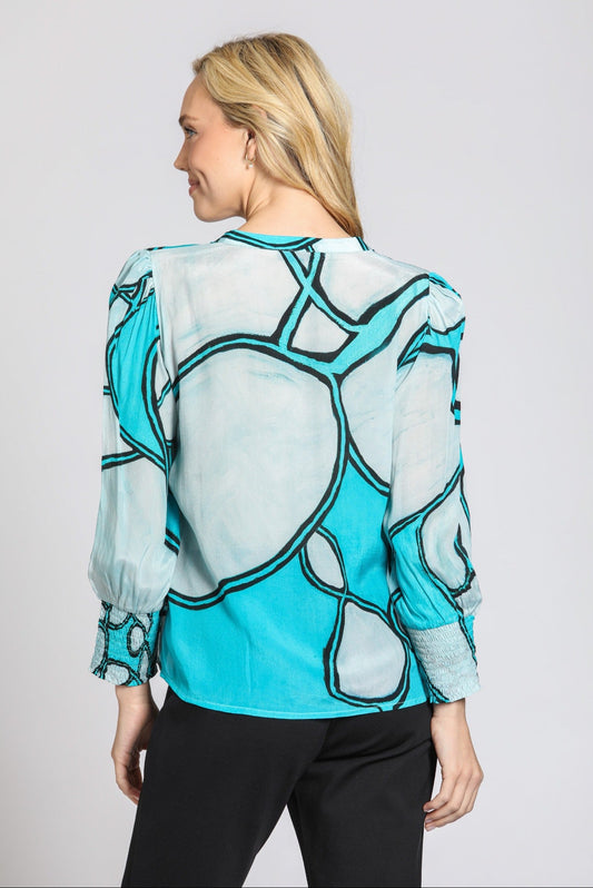 Split Neck Top With Smocked Cuffs