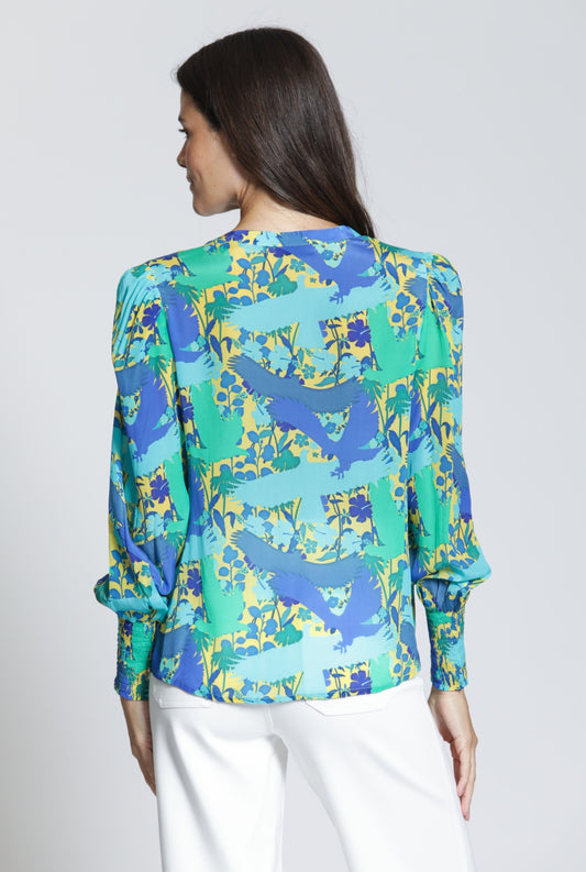 Split Neck Top With Smocked Cuffs