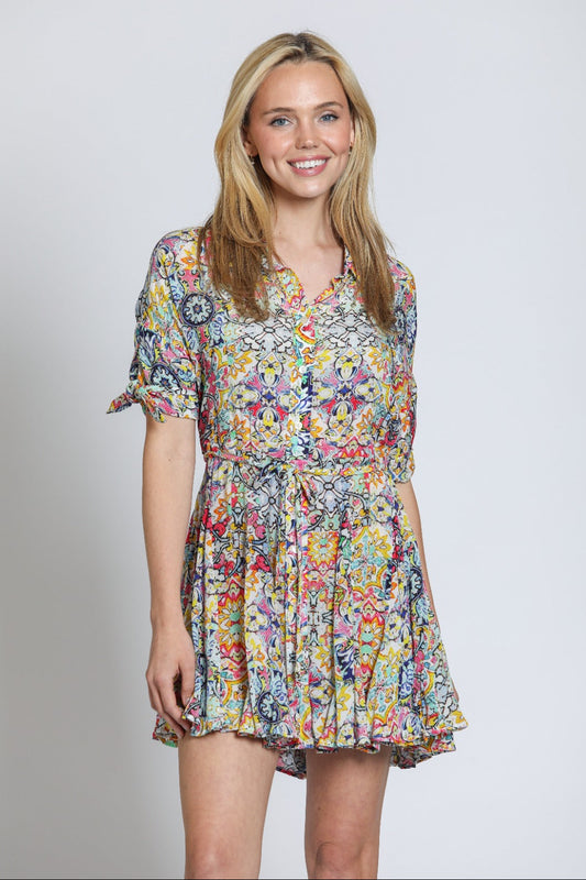 Short Button Front Belted Dress With Flippy Skirt