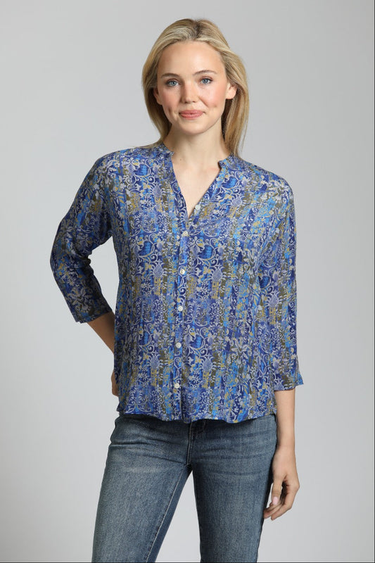 3/4 Sleeve Mandarin Collar Button-up