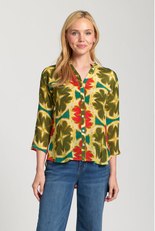 3/4 Sleeve Mandarin Collar Button-up