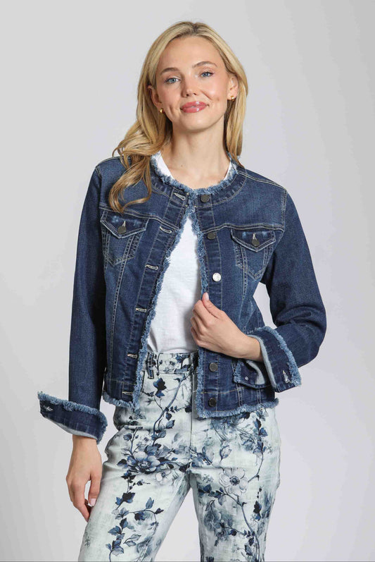 Collarless Jean Jacket With Frayed Detail