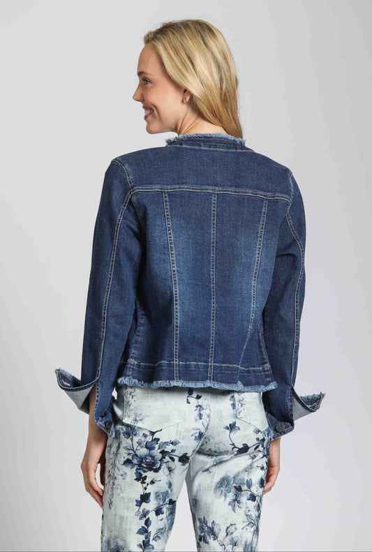 Collarless Jean Jacket With Frayed Detail