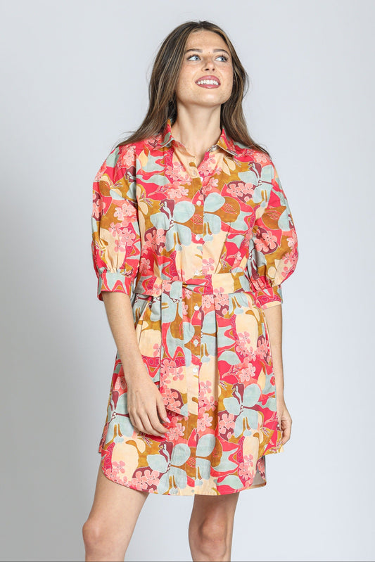 Belted Dress With Puff Sleeves